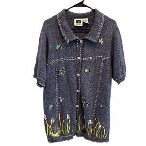 Vintage Womens Embroidered Sweater Cardigan Size 1X Grasshopper Floral Butterfly